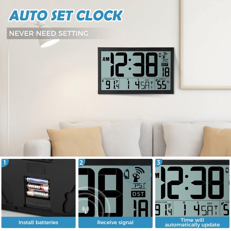 Amgico Digital Wall Clock,16.7" Large Display Atomic Clock, Battery Operated,Digital