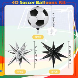 MIKIMIQI 6 Pcs Soccer Balloons 3 Pcs Explosion Pointed Star Foil Balloons for Soccer Party Decorations, 22'' Jumbo Sphere 4D Soccer Football Mylar Balloons for Birthday Party Sports Meeting Supplies