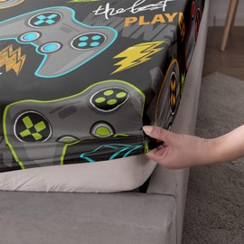 AILONEN Gamer Fitted Sheet Twin Size,Gaming Bedsheets Set,Gamepad Bed Sheet Set for Boys,Boys Video Games Bedding Set,1 Fitted Sheet and 2 Pillow Case,3 Piece