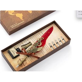 Steampunk Feather Quill Fountain Pen Set with Wing Design, 3 Colors, Vintage Style,Quill Pen and Ink Set Fountain Pen Case Luxury Pen Feathers Vintage Founding Fathers Pen (Red)