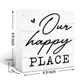 Happy Decor Signs, Farmhouse Home Dorm Decors, Family Room Decor, Living Room Decors for Tabletop, Shelf Decoration, Wooden Box Sign Decorative, Our Happy Place Sign, 5×5×1.2inches