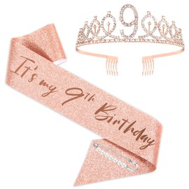 SZHUIHER Sash and Tiara for Girls, Rose Gold Birthday Sash Crown 9 & Fabulous Sash and Tiara for Girls, 9th Birthday Gifts for Happy 9th Birthday Party Favor Supplies