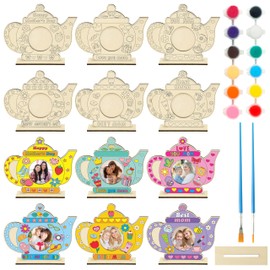 Haooryx Mother's Day Picture Frame - Color Your Own DIY Tea Pot Mom Uncolored Wooden Wall Mounting Tabletop Picture Photo Frames Set DIY Painting Wood Craft Kit Display Pictures Mom's Birthday Gifts