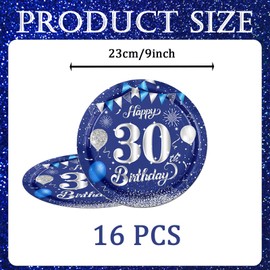 Happy 30th Birthday Paper Plates 9inch Blue and Sliver,16Pcs Tableware Party Plates,Happy 30th Birthday Decorations Plates for Boys,Girls,Kids,Him,Her 30th Birthday Party Supplies Table Decor