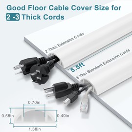 LZEOY 5.5FT Floor Cord Cover, White Soft Cable Cover Floor, Large Size Extension Cord Covers for Floor, Power Cord Protector Floor Wire Cover - Cord Channel Diameter: 0.7" (W) x 0.4" (H)