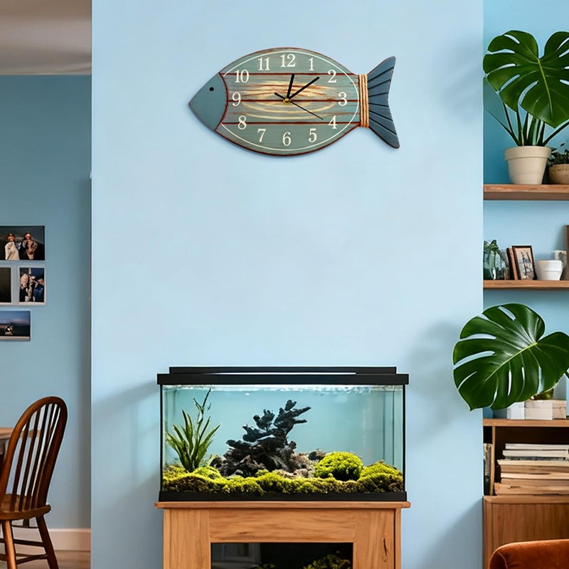 Cunno Silent Beach Wall Clock Wooden Non-Ticking Coastal Sea Fish