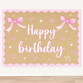 Pink Bow Happy Birthday Kraft Paper Backdrop Banner 44×32In Kraft Paper Birthday Decor with Pink Bow Party Decorations Heart and Star Brown Banner for Indoor Display Wall Signs Party Supply