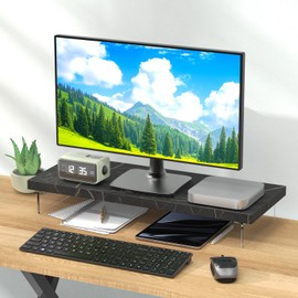 SSWOOD Monitor Stand Riser, Wood & Acrylic Computer Monitor Stand Desk Desktop Organizer Table for Home, Office Workspace, Laptop Riser, Printer, PC & TV Screen Riser