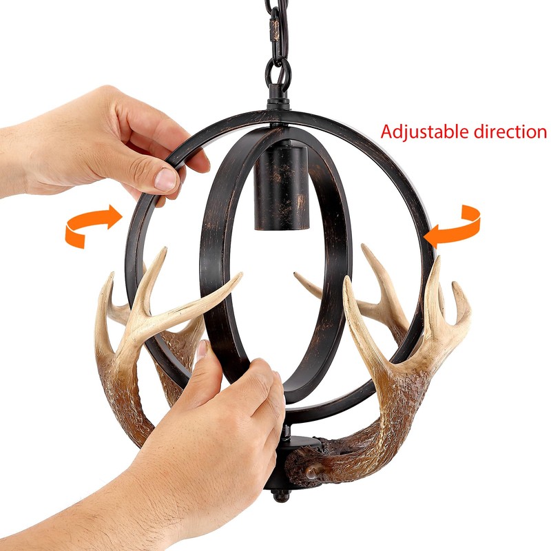 NEARLED Rustic Antler Pendant Light, Metal Globe with Resin Antlers,