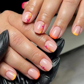 24 Pcs Pink Press on Nails Short Square - SHANRUN Fall Rose Red French Fake Nails Press ons Nail Art Tip Glue on Nails Full Cover Artificial Acrylic Set False Nails Stick on Nail with Flower for Women