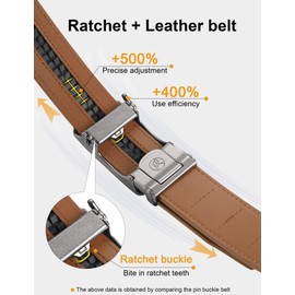 JUKMO Men’s 35mm Leather Ratchet Belt with Original Slide Buckle in Gift Box (Octagon - Light Brown, M-36 to 42" Waist Adjustable (Length 49"))