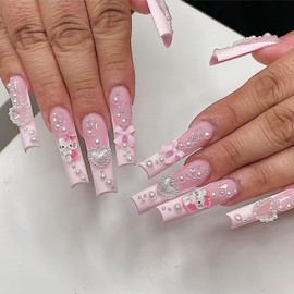Long Press on Nails - 24 Pieces Coffin False Nails with Glue - Cute Kawaii 3D Fake Nails with Kitty Bow Patterns - Glossy Pink Stick on Nails for Women Girls in 12 Sizes