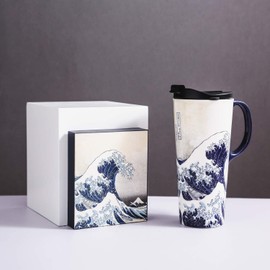 DUSVALLY Tall Ceramic Travel Mug with lid 17oz.Coffee Cup Porcelain Latte Mug,The Great Wave