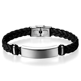 JewelryWe Unisex Braided Leather & Stainless Steel ID Bracelet with Engraving, Customisable, Stainless Steel