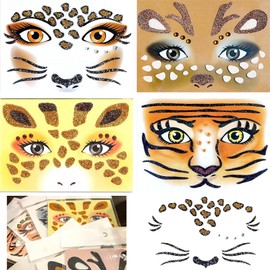 Pack of 4 Temporary Face Tattoos Leopard, Deer, Giraffe Glitter Stickers, Tiger Face Tattoo, Carnival, Animal Glitter Face Tattoo, for Theme Party, Fancy Dress to Make You Stand Out from the Crowd
