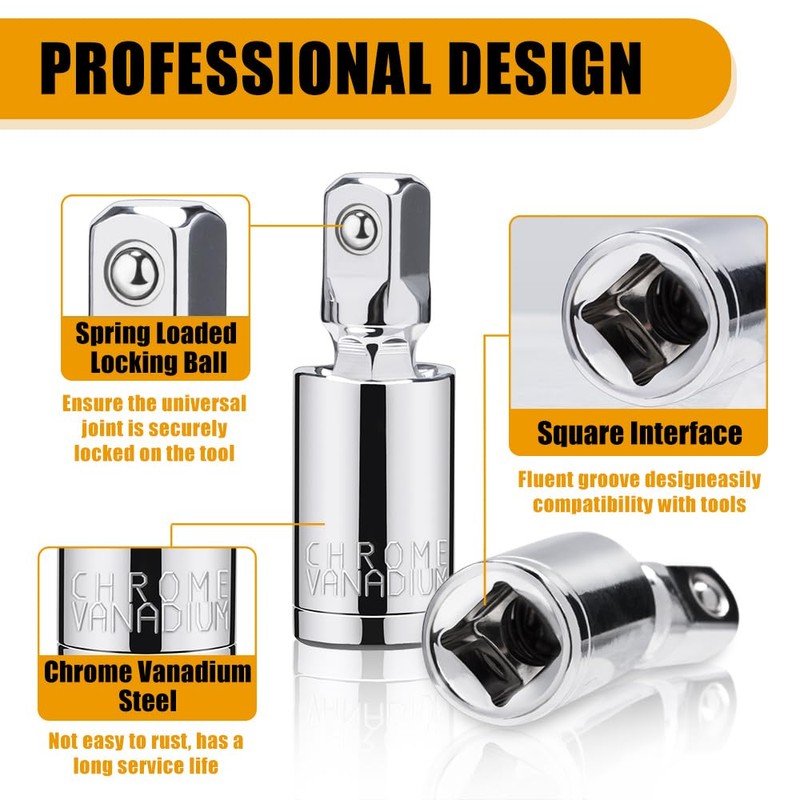 3PCS Universal Joint Socket Set, 1/4” 3/8” 1/2” Drive Swivel