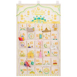 DPKOW 30 Advent Calendar for Filling Made of Fabric, Ramadan Advent Calendar Tapestry Hanging for Wall Door Decoration Ramadan Mubarak Calendar Fabric Bag for Children Self-Filling with 30 Pockets