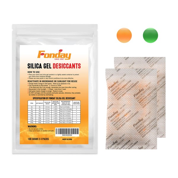 100g x 4 Packs Rechargeable Silica Gel Desiccant Packages Fonday Food Grade Fast Reactivate Desiccant Bag Moisture Indicating Orange to Green for Closet Gym Bag Jewellery Tools