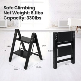 FAHKNS Black 2 Step Ladder, Aluminum Light Folding 2 Step Stool with Non-Slip Wide Pedal (7.9Inch), 330Lbs Capacity Stepping Stool for Office,Household,Kitchen