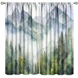 LOMADIA Forest Blackout Curtain, Watercolor Style Nature Woodland Green Forest Mountain Plant Window Treatments Rod Pocket 2 Panels Drapes for Kitchen Batroom Office Deocr 42" W X 45" L