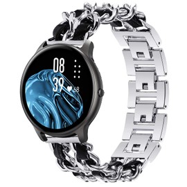 Compatible with AGPTEK Smart Watch Band, Giaogor Jewelry Chain Metal Wristband with Leather Compatible with AGPTEK LW11 Smart Watch (Silver-Black)