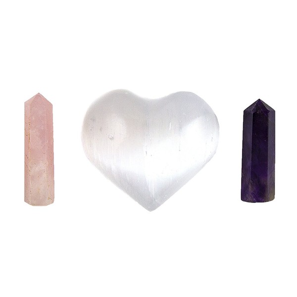 Beverly Oaks Energy Infused Healing Crystals Love Kit - Rose Quartz, Amethyst and Selenite Heart for Charging - Gemstone Romance Attraction Set