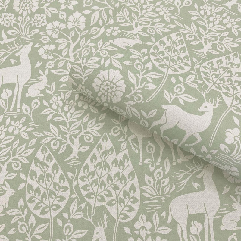 YöL Deer Woods Animals Forest Sage Green Wallpaper - Contemporary