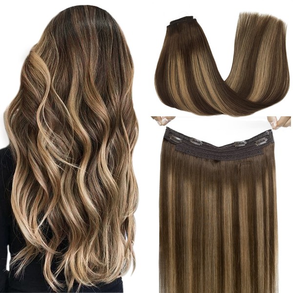 GOO GOO Human Hair Extensions Wire Hair Extensions 75g 14 Inch Balayage Chocolate Brown to Caramel Blonde Straight Real Human Hair Extensions with Invisible Wire Layered Hairpiece