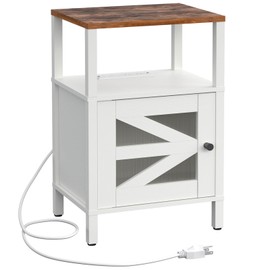 MAHANCRIS Farmhouse Nightstand with Charging Station, White Bedside Table with USB&Type-C Ports and Outlets, End Table with Storage, Acrylic Door, for Bedroom, White and Rustic Brown ETRW97E01