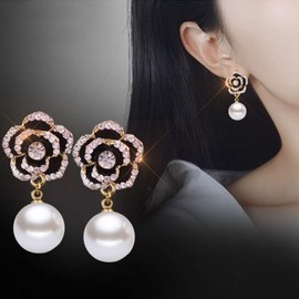 gold pearl earrings - chunky floral pearl jewelry for women - designer look-alike flower earrings (B)