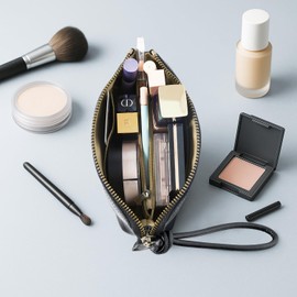 Hotbird Small Makeup Bag,Cute Travel Cosmetic Bag for Purse,with Compartments and Handle,Womens Leather Mini Tote Bag, Brown