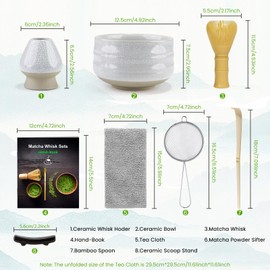 7 Pieces Japanese Matcha Ceremony Kit, Resin Matcha Beater, Matcha Bowl, Bamboo Scoop, Strainer, Tea Towel, Whisk Holder, Complete Matcha Set, Bright White