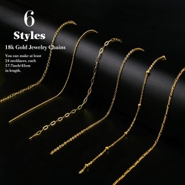 Ecoofor 18k Gold Necklace Chains for Jewelry Making, 39.3 Feet 6 Rolls Bracelet Chains for DIY,6.5Feet Each Style, Gold Filled Chain with Jump Rings/Lobster Clasps/Connectors