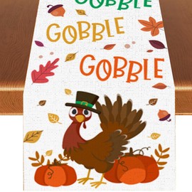 Gobble Turkey Maple Leaves Thanksgiving Table Runner, Seasonal Fall Harvest Holiday Kitchen Dining Decoration for Indoor Outdoor Table Home Party Decor 13 x 72 Inch