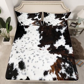 Manfei Cow Fur Sheet Set Twin Size White Black Brown Cowhide Bedding Set for Kids Boys Teens Room Decor Animal Skin Print Bed Sheet Set 3pcs with Deep Pocket Fitted Sheet + Flat Sheet + 1 Pillowcase