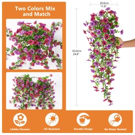 Hommyea Artificial Hanging Flowers for Outdoors, 2 Pcs Fake Hanging Plant Spring Summer Decor, UV Resistant No Fade Faux Flower for Front Door Porch Planter Patio Yard Garden(Light Purple Red)