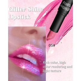 Glitter Lipstick, Waterproof Long Lasting Lip Gloss, Diamond Metallic Sparkling Matte Lipstick, Matte Glitter Lipstick Lip Gloss for Women Lips Make-up, Gift for Women's Day -05Pink