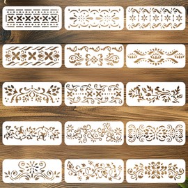 beinkmake 15Pcs Flower Border Stencil Indian Inlay Furniture Stencils Reusable DIY Art and Craft Painting Templates for Wood Fabric Canvas Paper Wall Home Decor 4.7x12 Inch