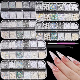 6 Boxes Flatback Pearls and Rhinestones for Crafting, Mixed Size 2-6mm Resin Rhinestones Gems Pearls for Bedazzling, DIY Nail Shoes Clothes Tumblers and Grad Cap Decoration with Pickup Tools(White)