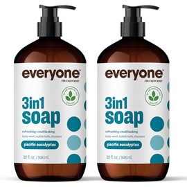 Jabón 3 en 1 de Everyone para el cuerpo, lavado corporal, baño de burbujas, champú, 32 onzas (paquete de 2), eucalipto del Pacífico, hecho con aceites