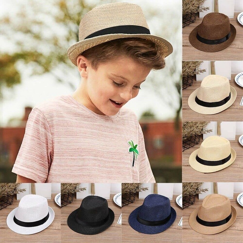 Boolavard Kids Girls Boys Summer Fedora Straw Hat Wide Brim