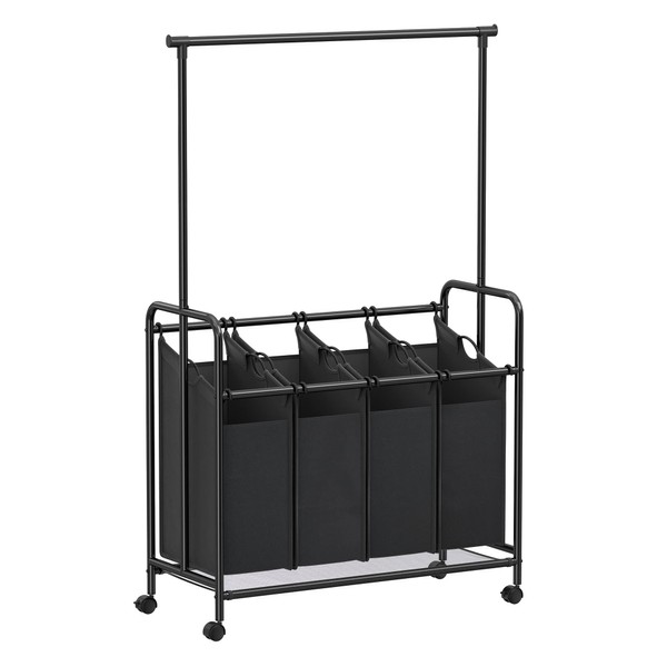 SONGMICS 4-Section Laundry Sorter, Rolling Laundry Cart with Hanging Bar, Laundry Organizer, Hampers for Laundry, Heavy-Duty, Lockable Wheels, 4 x 13.2 Gal., Black URLS44B