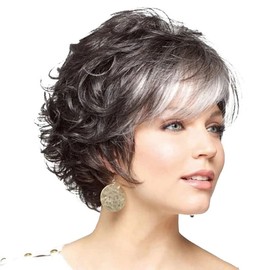 Grey Wigs for Women, Temperamental, Fluffy Wig, Slanted Bangs, Black Forehead, White, Short, Curly Wigs, Suitable for Middle Aged and Elderly People