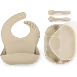 Boomerio Food Grade Silicone Baby Feeding Set, Baby Bib, Plate & Spoon Non Toxic BPA free