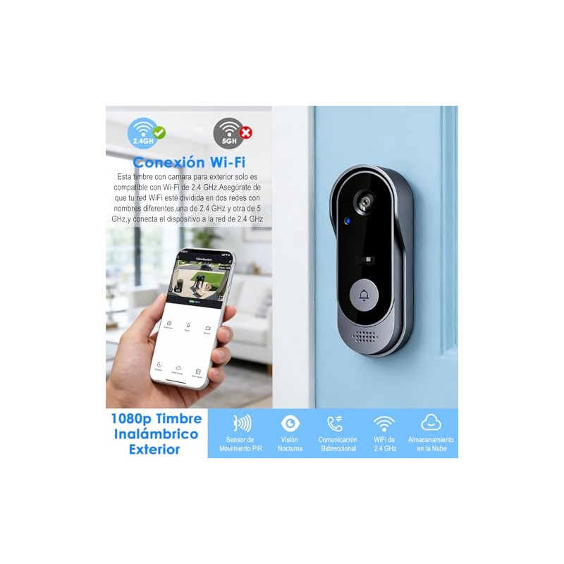 Yakiter Video TimbYakiter Video Timbre Inteligente,Mbre Inalambrico Exterior con Camara,170°Gran