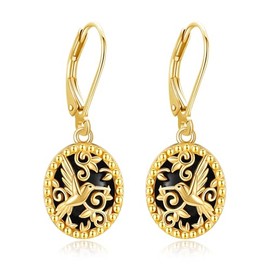 Black Onyx Hummingbird Earrings 925 Sterling Silver Hummingbird Filigree Leverback Earrings Gold Plated Oval Dangle Drop Earrings Jewelry Gifts for Women