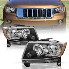 TUSDAR Halogen Headlight Assembly Set for 2011-2013 Compass/ 2011-2013 Jeep Grand Cherokee (Not Cherokee) Headlamp Replacement Black Housing with Amber Reflector, Not fit Factory HID Model