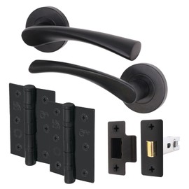 EAI Black Door Handle Latch Set | Round T-Bar Internal Door Handles, Latch (64mm), Hinges (76mm) | Matt Black Lever On Rose | Novoli Range