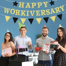 AROKIPPRY Work Anniversary Decorations,Pre-Strung gold Glitter Happy Workiversary Banner,Work Office Party Decoration,Happy Work Anniversary Party Decoration Supplies