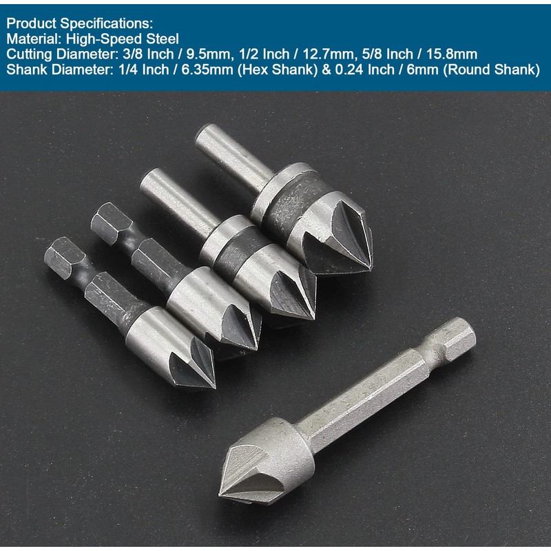 Aracombie 5pcs 5 Flutes 82 Degree Counterbore Drill Bit Set